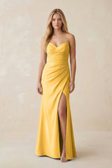 Strapless Ruched Sheath Satin Bridesmaid Dress With Slit in Marigold - KISS BRIDAL Bridesmaid Dresses
