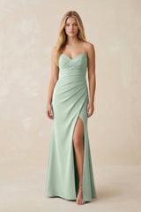 Strapless Ruched Sheath Satin Bridesmaid Dress With Slit in Matcha - KISS BRIDAL Bridesmaid Dresses