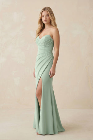 Strapless Ruched Sheath Satin Bridesmaid Dress With Slit in Matcha - KISS BRIDAL Bridesmaid Dresses