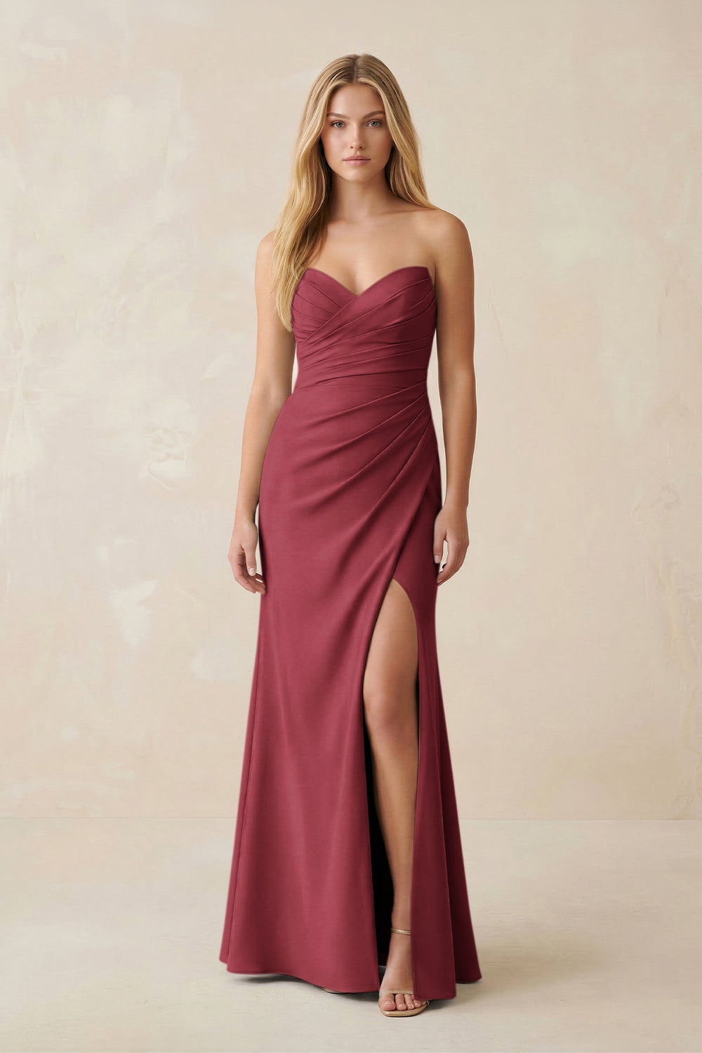 Strapless Ruched Sheath Satin Bridesmaid Dress With Slit in Merlot - KISS BRIDAL Bridesmaid Dresses