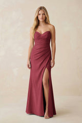 Strapless Ruched Sheath Satin Bridesmaid Dress With Slit in Merlot - KISS BRIDAL Bridesmaid Dresses