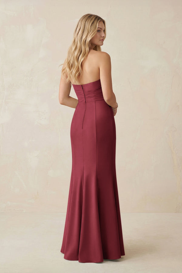 Strapless Ruched Sheath Satin Bridesmaid Dress With Slit in Merlot - KISS BRIDAL Bridesmaid Dresses