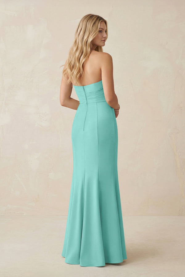Strapless Ruched Sheath Satin Bridesmaid Dress With Slit in Mint Green - KISS BRIDAL Bridesmaid Dresses