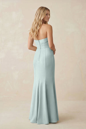 Strapless Ruched Sheath Satin Bridesmaid Dress With Slit in Mist - KISS BRIDAL Bridesmaid Dresses