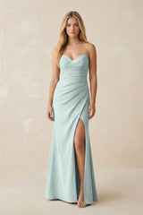 Strapless Ruched Sheath Satin Bridesmaid Dress With Slit in Mist - KISS BRIDAL Bridesmaid Dresses