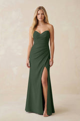 Strapless Ruched Sheath Satin Bridesmaid Dress With Slit in Moss - KISS BRIDAL Bridesmaid Dresses