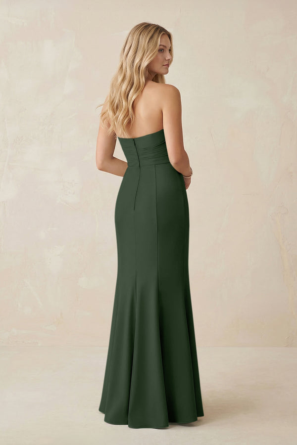 Strapless Ruched Sheath Satin Bridesmaid Dress With Slit in Moss - KISS BRIDAL Bridesmaid Dresses