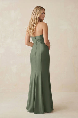 Strapless Ruched Sheath Satin Bridesmaid Dress With Slit in Moss Green - KISS BRIDAL Bridesmaid Dresses