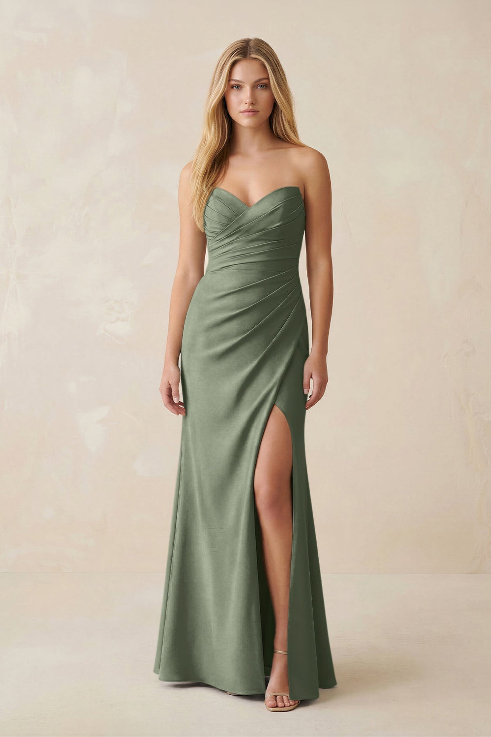 Strapless Ruched Sheath Satin Bridesmaid Dress With Slit in Moss Green - KISS BRIDAL Bridesmaid Dresses