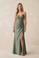 Strapless Ruched Sheath Satin Bridesmaid Dress With Slit in Moss Green - KISS BRIDAL Bridesmaid Dresses