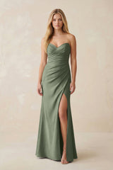 Strapless Ruched Sheath Satin Bridesmaid Dress With Slit in Moss Green - KISS BRIDAL Bridesmaid Dresses