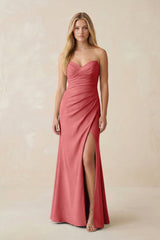 Strapless Ruched Sheath Satin Bridesmaid Dress With Slit in Mulberry - KISS BRIDAL Bridesmaid Dresses