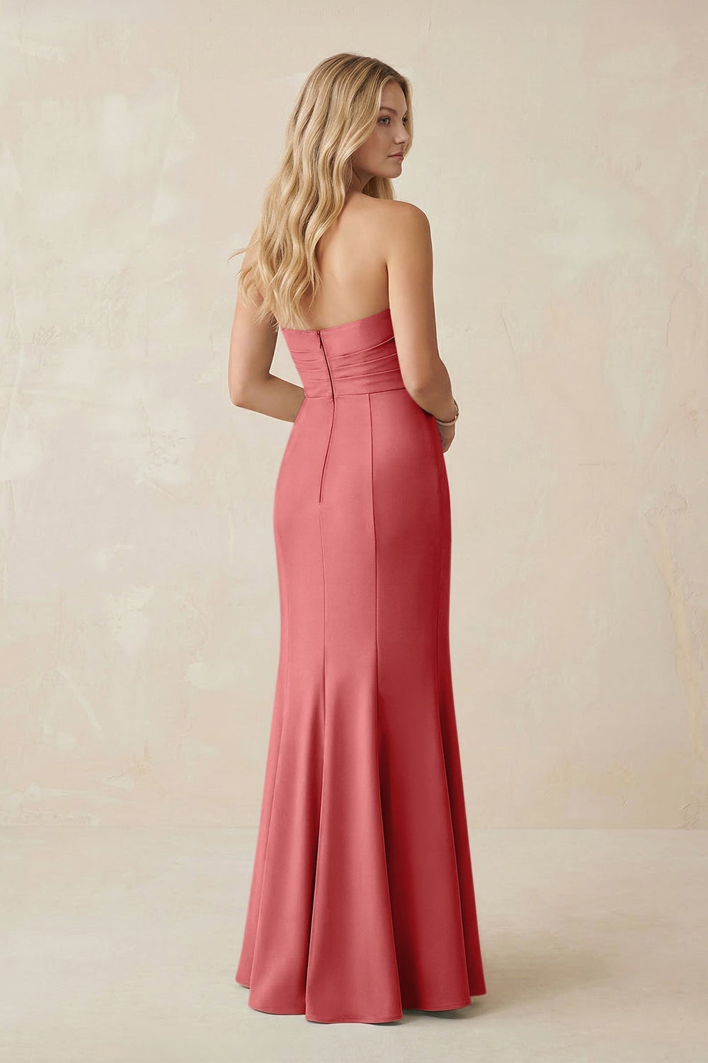Strapless Ruched Sheath Satin Bridesmaid Dress With Slit in Mulberry - KISS BRIDAL Bridesmaid Dresses