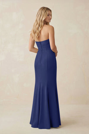 Strapless Ruched Sheath Satin Bridesmaid Dress With Slit in Navy - KISS BRIDAL Bridesmaid Dresses