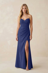 Strapless Ruched Sheath Satin Bridesmaid Dress With Slit in Navy - KISS BRIDAL Bridesmaid Dresses