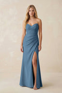 Strapless Ruched Sheath Satin Bridesmaid Dress With Slit in Neptune - KISS BRIDAL Bridesmaid Dresses
