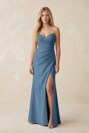 Strapless Ruched Sheath Satin Bridesmaid Dress With Slit in Neptune - KISS BRIDAL Bridesmaid Dresses