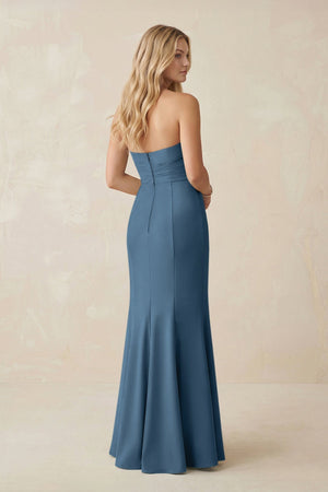 Strapless Ruched Sheath Satin Bridesmaid Dress With Slit in Neptune - KISS BRIDAL Bridesmaid Dresses