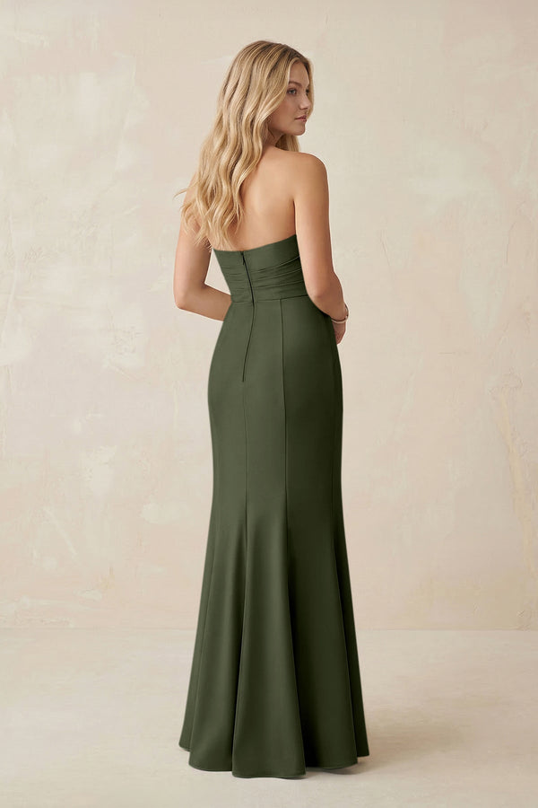 Strapless Ruched Sheath Satin Bridesmaid Dress With Slit in Olive - KISS BRIDAL Bridesmaid Dresses