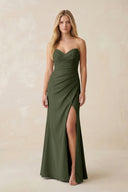Strapless Ruched Sheath Satin Bridesmaid Dress With Slit in Olive - KISS BRIDAL Bridesmaid Dresses