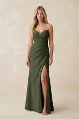 Strapless Ruched Sheath Satin Bridesmaid Dress With Slit in Olive - KISS BRIDAL Bridesmaid Dresses