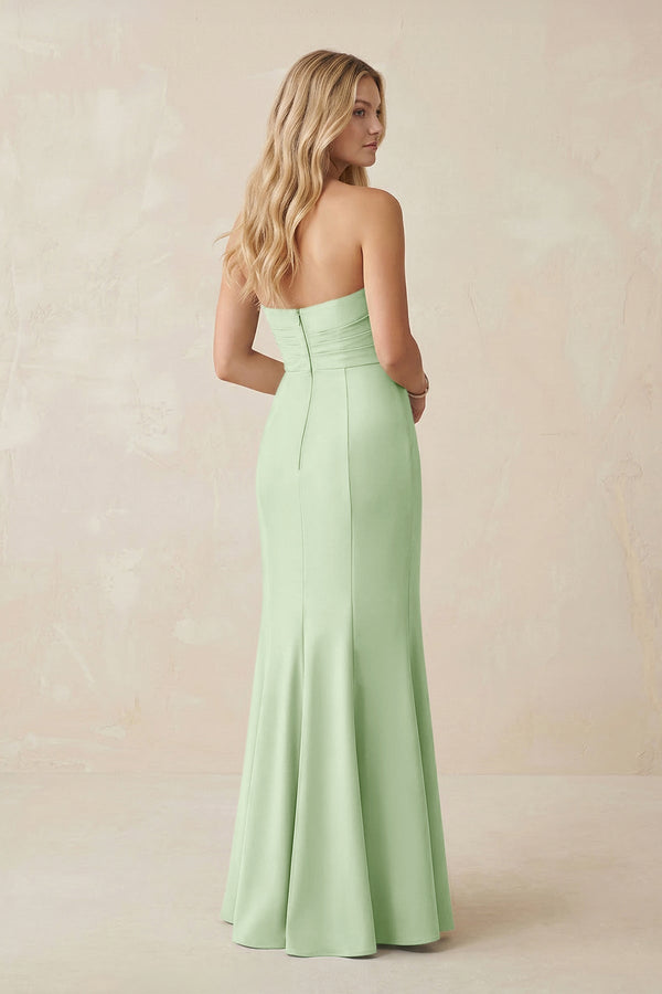 Strapless Ruched Sheath Satin Bridesmaid Dress With Slit in Pale Pistachio - KISS BRIDAL Bridesmaid Dresses