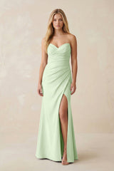 Strapless Ruched Sheath Satin Bridesmaid Dress With Slit in Pale Pistachio - KISS BRIDAL Bridesmaid Dresses