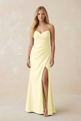 Strapless Ruched Sheath Satin Bridesmaid Dress With Slit in Pastel Yellow - KISS BRIDAL Bridesmaid Dresses