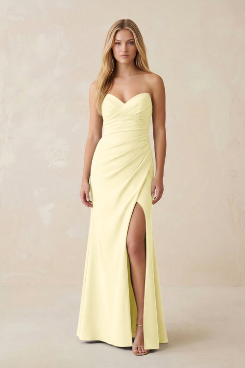 Strapless Ruched Sheath Satin Bridesmaid Dress With Slit in Pastel Yellow - KISS BRIDAL Bridesmaid Dresses
