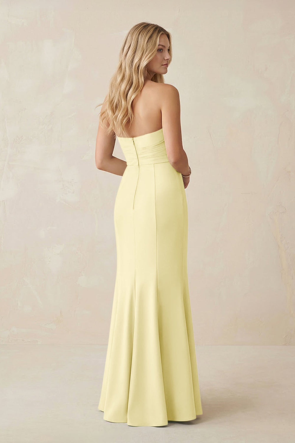 Strapless Ruched Sheath Satin Bridesmaid Dress With Slit in Pastel Yellow - KISS BRIDAL Bridesmaid Dresses