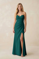 Strapless Ruched Sheath Satin Bridesmaid Dress With Slit in Pine - KISS BRIDAL Bridesmaid Dresses