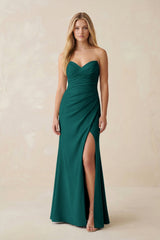 Strapless Ruched Sheath Satin Bridesmaid Dress With Slit in Pine - KISS BRIDAL Bridesmaid Dresses