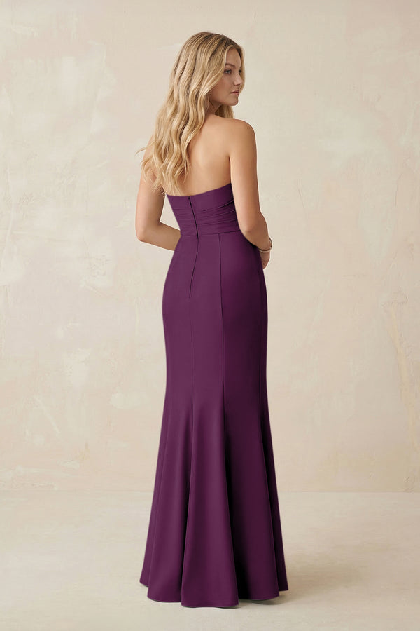 Strapless Ruched Sheath Satin Bridesmaid Dress With Slit in Plum - KISS BRIDAL Bridesmaid Dresses