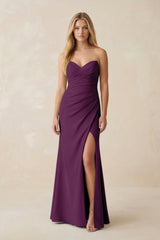 Strapless Ruched Sheath Satin Bridesmaid Dress With Slit in Plum - KISS BRIDAL Bridesmaid Dresses