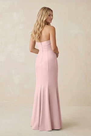 Strapless Ruched Sheath Satin Bridesmaid Dress With Slit in Rose Petal - KISS BRIDAL Bridesmaid Dresses