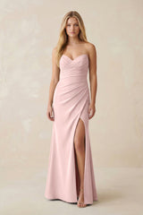 Strapless Ruched Sheath Satin Bridesmaid Dress With Slit in Rose Petal - KISS BRIDAL Bridesmaid Dresses