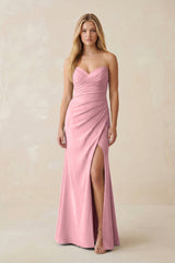 Strapless Ruched Sheath Satin Bridesmaid Dress With Slit in Rosette - KISS BRIDAL Bridesmaid Dresses