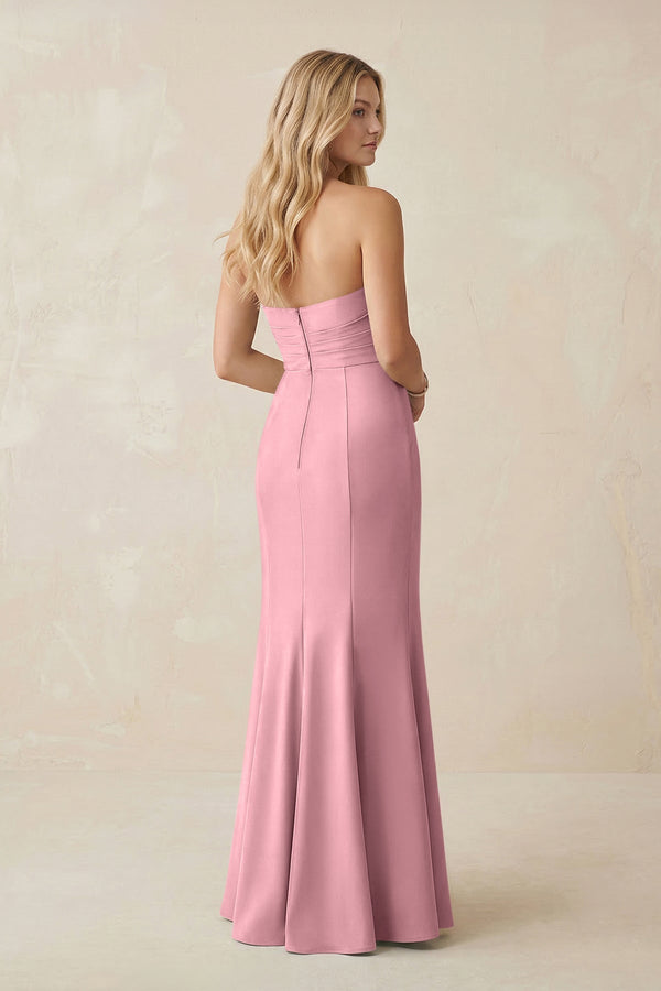 Strapless Ruched Sheath Satin Bridesmaid Dress With Slit in Rosette - KISS BRIDAL Bridesmaid Dresses