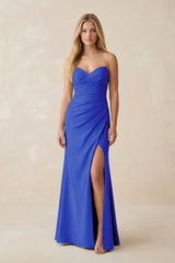 Strapless Ruched Sheath Satin Bridesmaid Dress With Slit in Royal Blue - KISS BRIDAL Bridesmaid Dresses