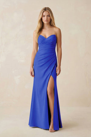 Strapless Ruched Sheath Satin Bridesmaid Dress With Slit in Royal Blue - KISS BRIDAL Bridesmaid Dresses