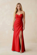 Strapless Ruched Sheath Satin Bridesmaid Dress With Slit in Ruby Red - KISS BRIDAL Bridesmaid Dresses