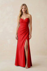 Strapless Ruched Sheath Satin Bridesmaid Dress With Slit in Ruby Red - KISS BRIDAL Bridesmaid Dresses