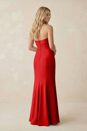 Strapless Ruched Sheath Satin Bridesmaid Dress With Slit in Ruby Red - KISS BRIDAL Bridesmaid Dresses