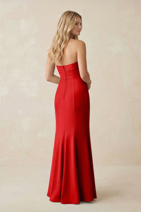 Strapless Ruched Sheath Satin Bridesmaid Dress With Slit in Ruby Red - KISS BRIDAL Bridesmaid Dresses
