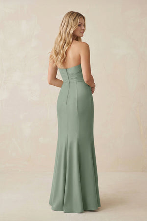 Strapless Ruched Sheath Satin Bridesmaid Dress With Slit in Sage - KISS BRIDAL Bridesmaid Dresses