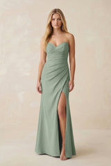 Strapless Ruched Sheath Satin Bridesmaid Dress With Slit in Sage - KISS BRIDAL Bridesmaid Dresses