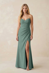 Strapless Ruched Sheath Satin Bridesmaid Dress With Slit in Sea Glass - KISS BRIDAL Bridesmaid Dresses