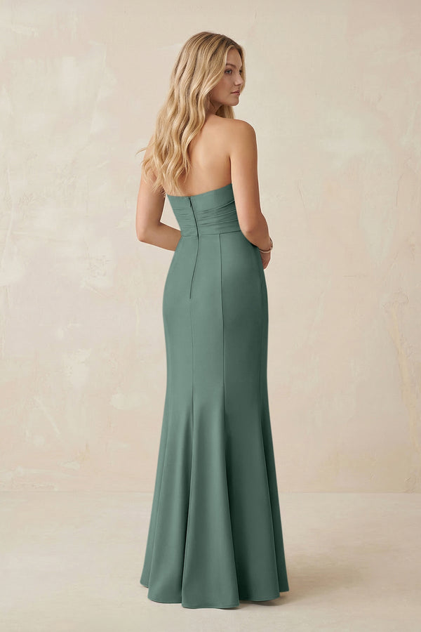 Strapless Ruched Sheath Satin Bridesmaid Dress With Slit in Sea Glass - KISS BRIDAL Bridesmaid Dresses