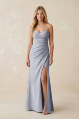 Strapless Ruched Sheath Satin Bridesmaid Dress With Slit in Silver - KISS BRIDAL Bridesmaid Dresses