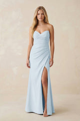Strapless Ruched Sheath Satin Bridesmaid Dress With Slit in Sky Blue - KISS BRIDAL Bridesmaid Dresses